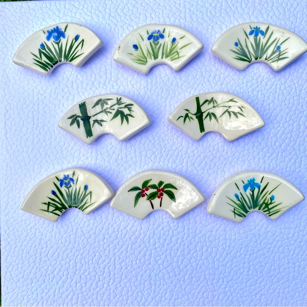 Vintage Set 8 Japanese Ceramic Chopstick Rests Irises Bamboo Berries